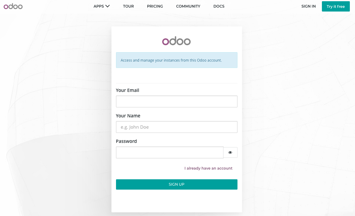 signup at odoo.com